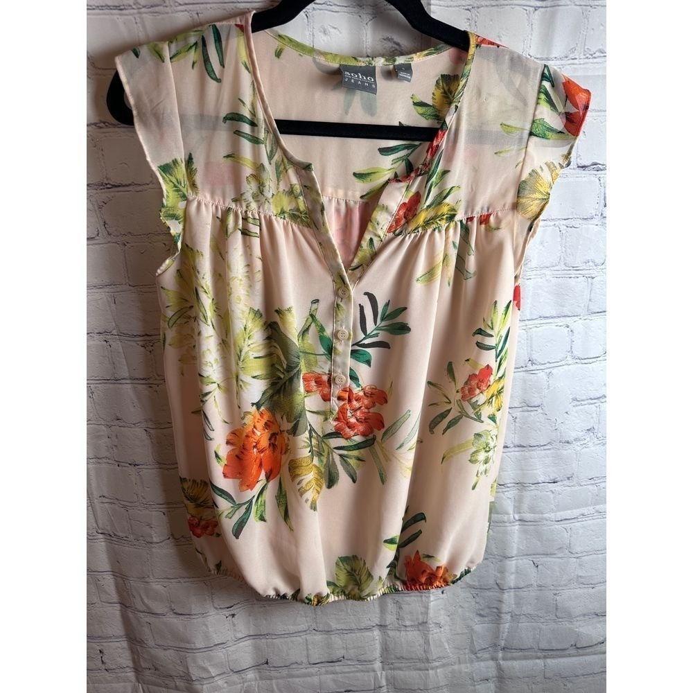 Soho NY & Company Floral Blouse Button Up Sheer Top Lightweight S